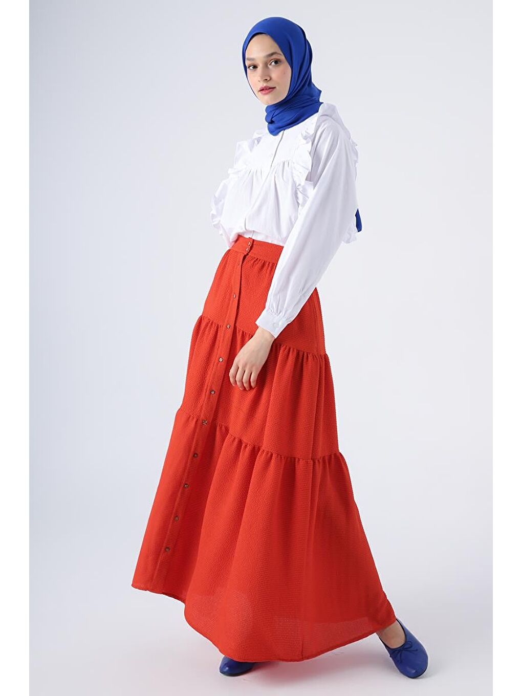 Kırmızı Nar Çiçeği Düğmeli Beli Lastikli Fırfırlı Bürümcük Etek