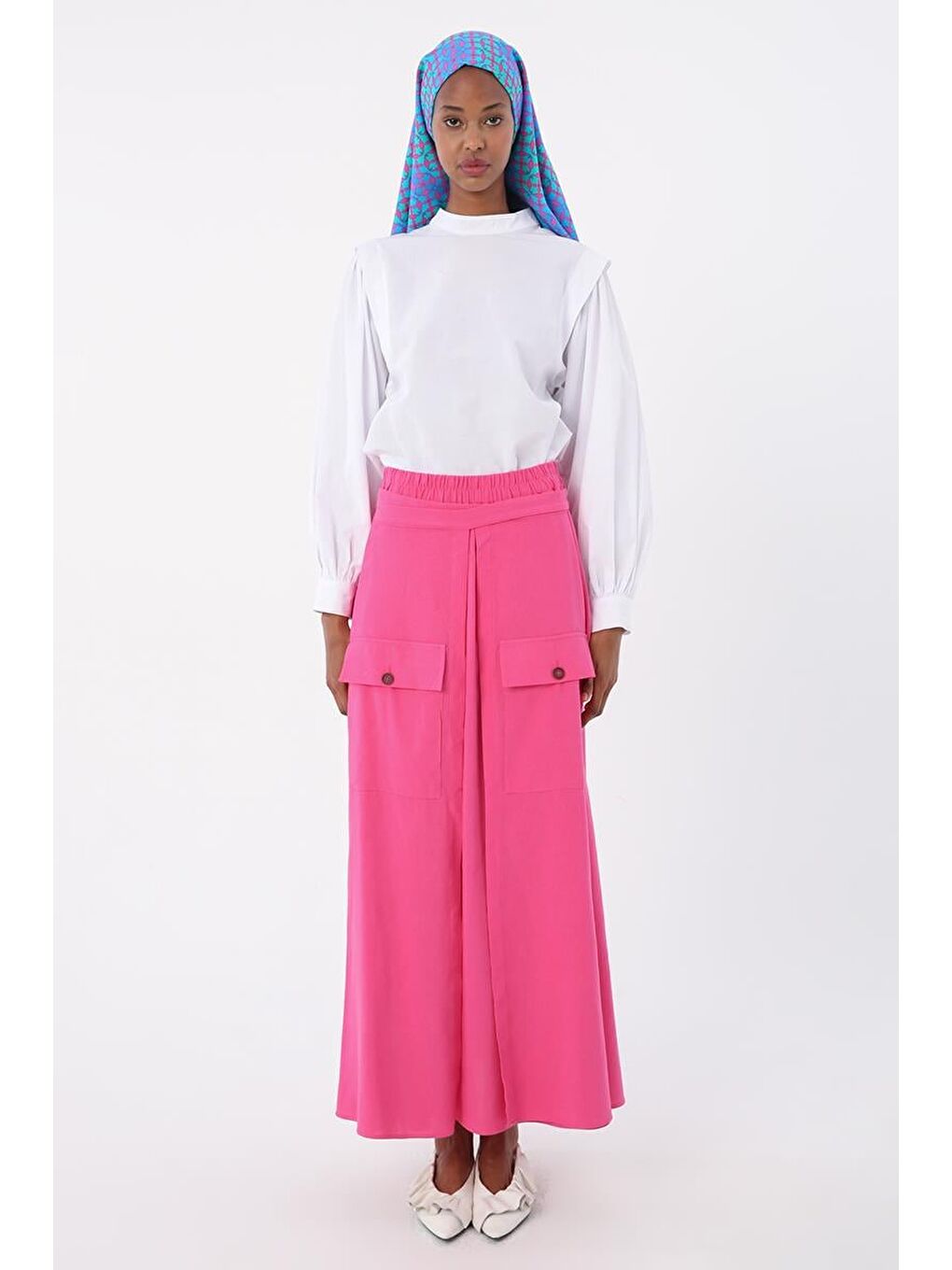 Fuşya Beli Lastikli Bağlama Detaylı Pamuklu Etek-1