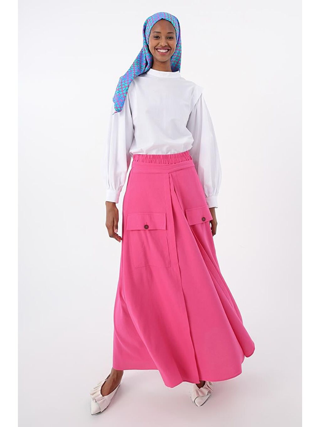 Fuşya Beli Lastikli Bağlama Detaylı Pamuklu Etek-2