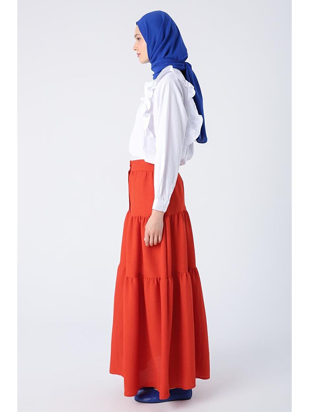 Kırmızı Nar Çiçeği Düğmeli Beli Lastikli Fırfırlı Bürümcük Etek-2