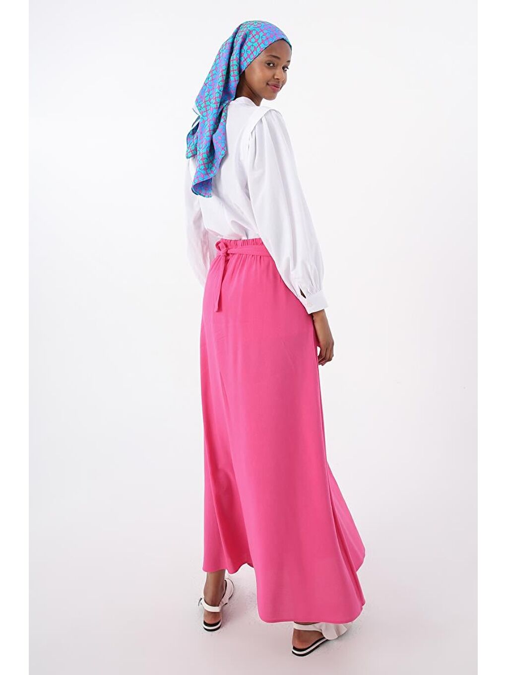 Fuşya Beli Lastikli Bağlama Detaylı Pamuklu Etek-3