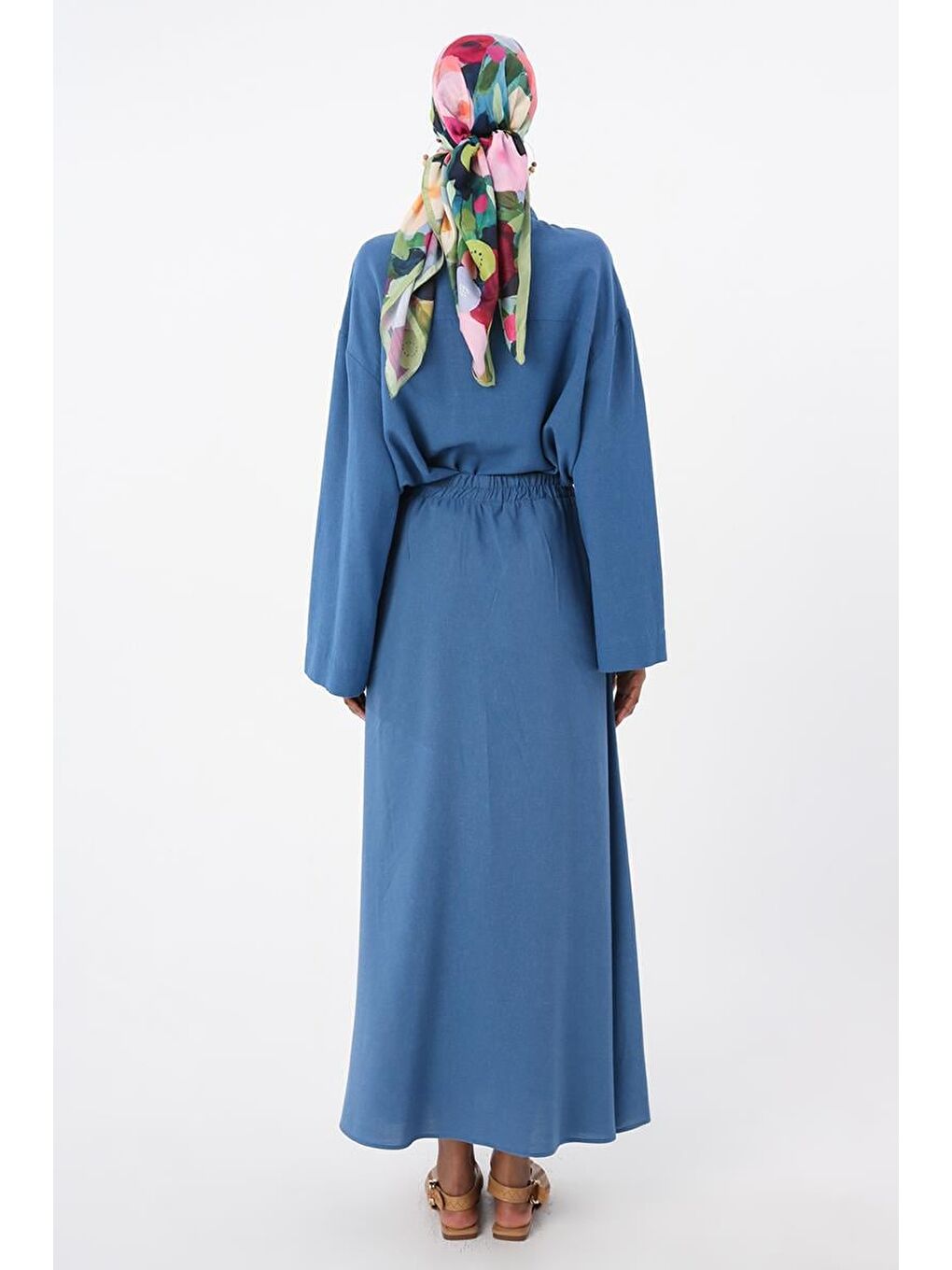 İndigo Beli Lastikli Bağlama Detaylı Pamuklu Etek-3