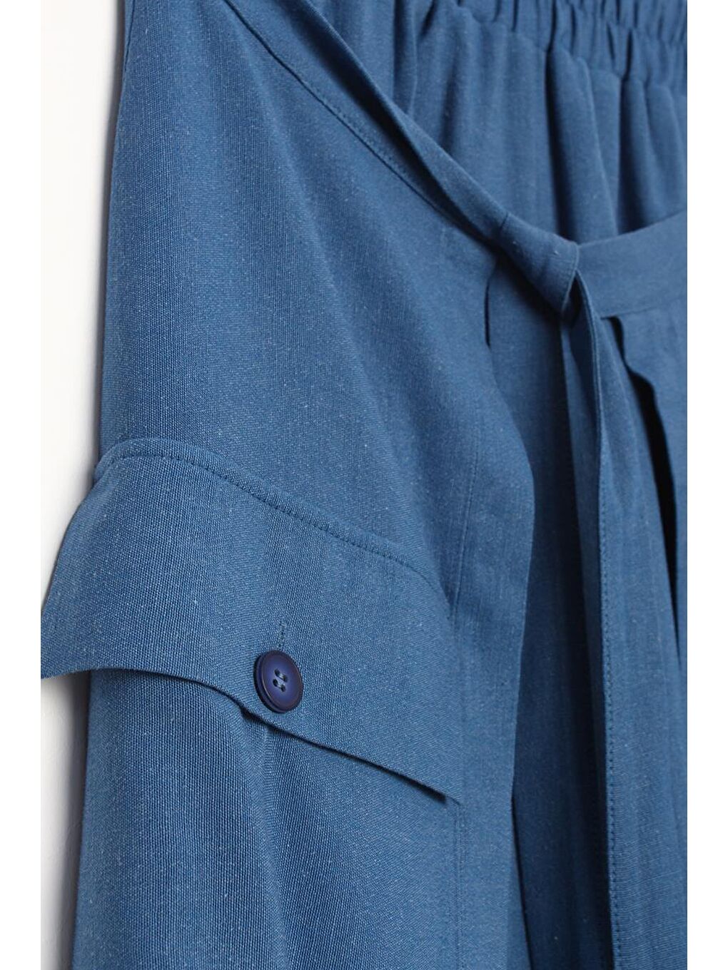 İndigo Beli Lastikli Bağlama Detaylı Pamuklu Etek-5