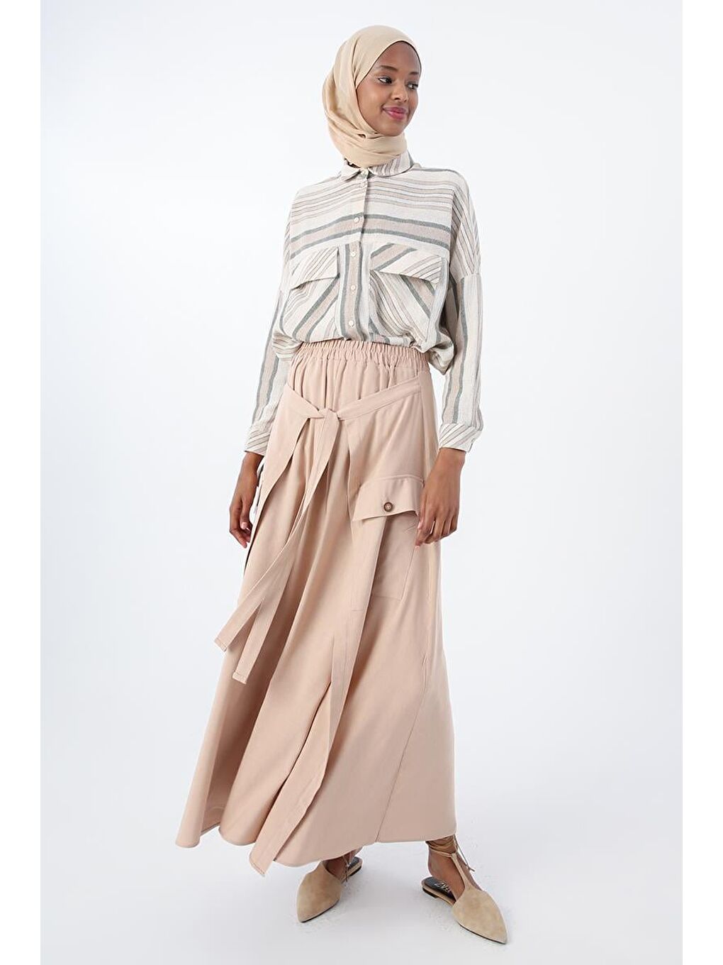 Koyu Bej Beli Lastikli Bağlama Detaylı Pamuklu Etek