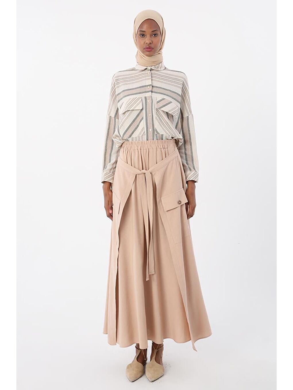 Koyu Bej Beli Lastikli Bağlama Detaylı Pamuklu Etek-1