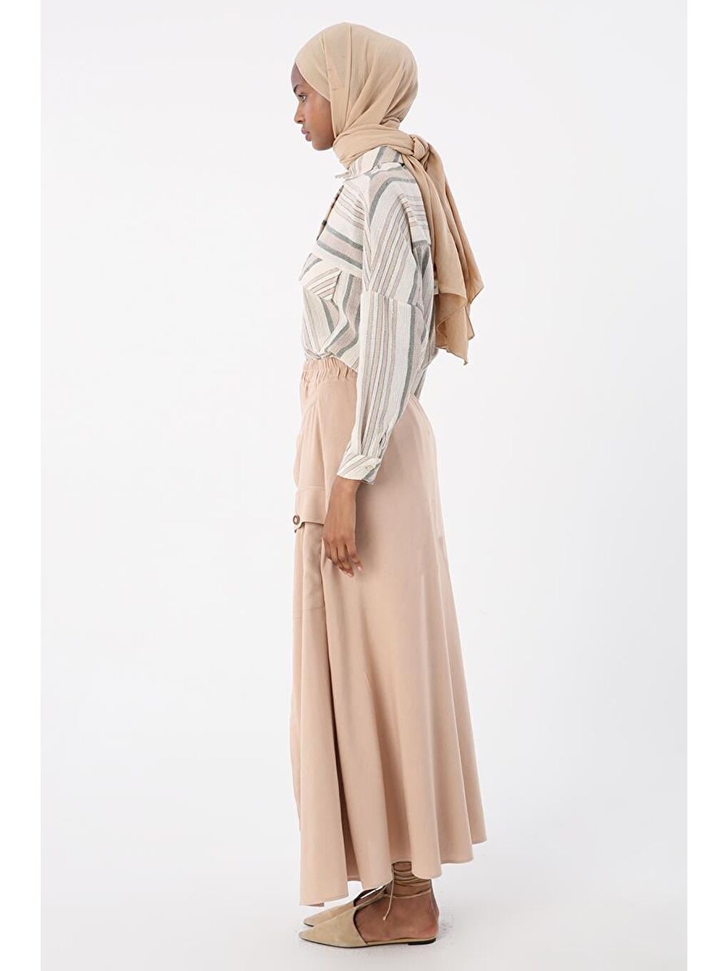 Koyu Bej Beli Lastikli Bağlama Detaylı Pamuklu Etek-2