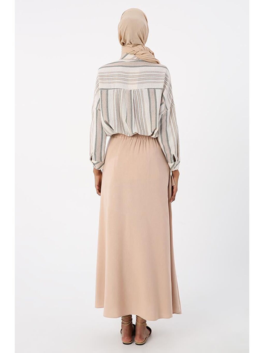 Koyu Bej Beli Lastikli Bağlama Detaylı Pamuklu Etek-3