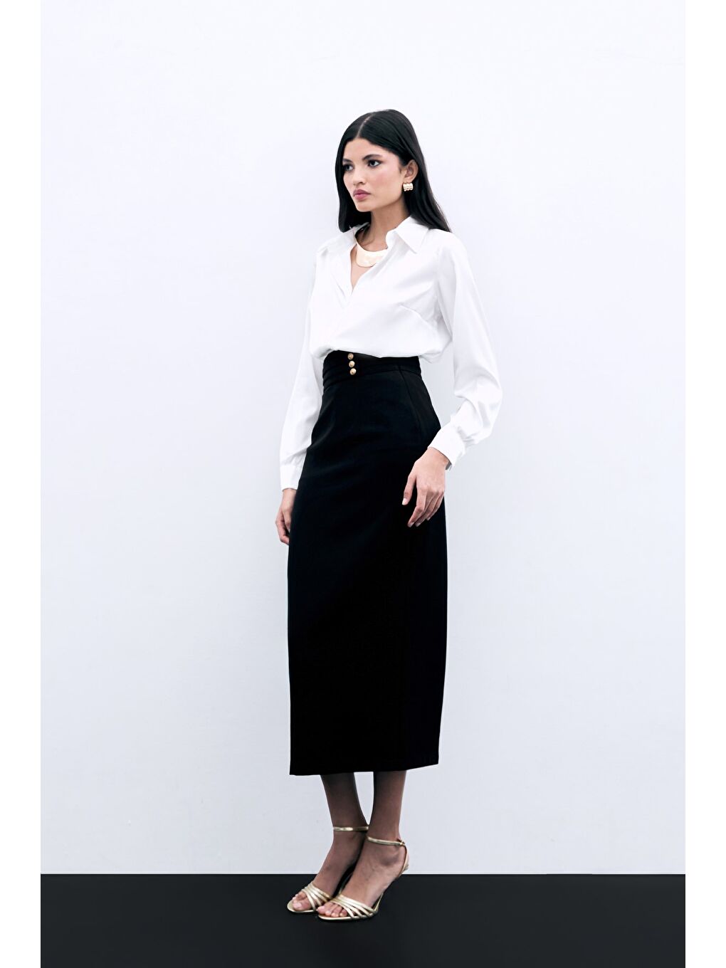 Düğme Detaylı Midi Etek - Siyah-2