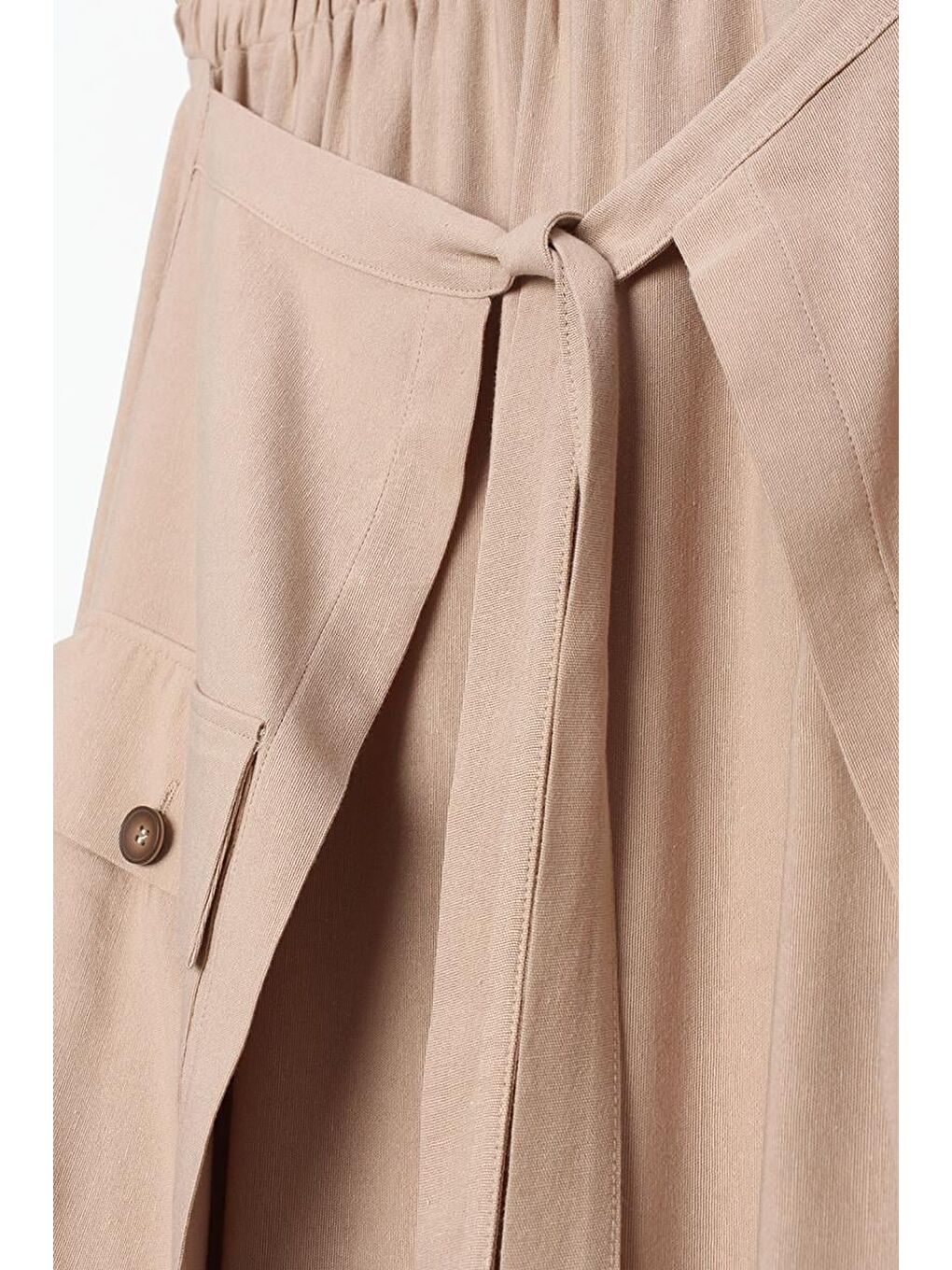 Koyu Bej Beli Lastikli Bağlama Detaylı Pamuklu Etek-5