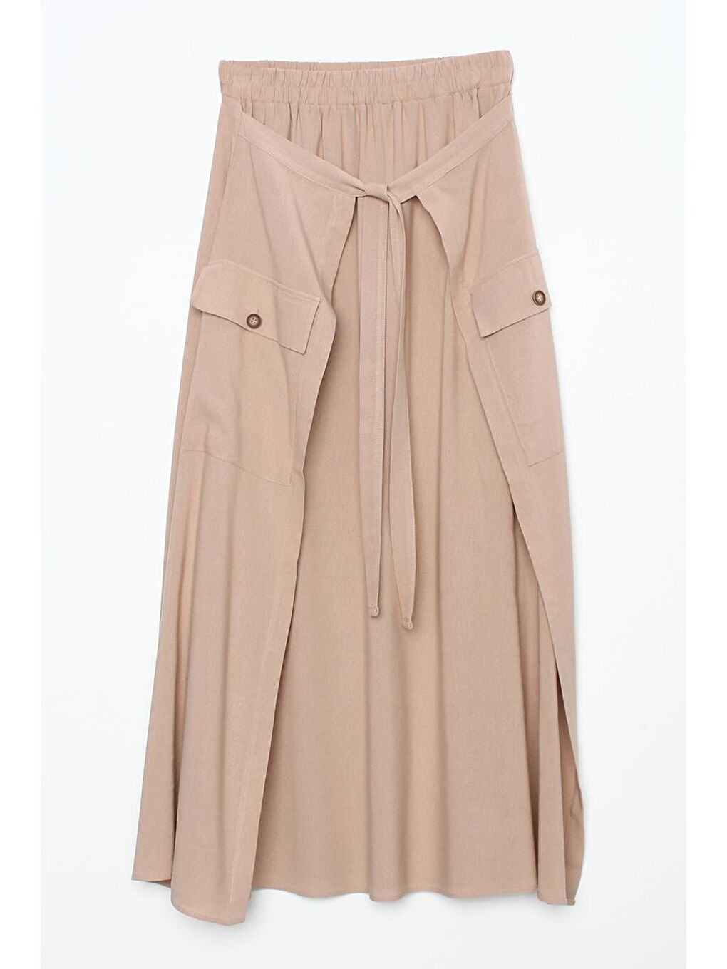 Koyu Bej Beli Lastikli Bağlama Detaylı Pamuklu Etek-6