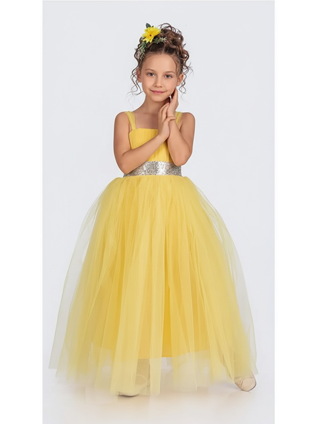 Sarı Sırt Gipeli Tütü Etek Kız Çocuk Saten Parti Abiye Elbise MNK0340