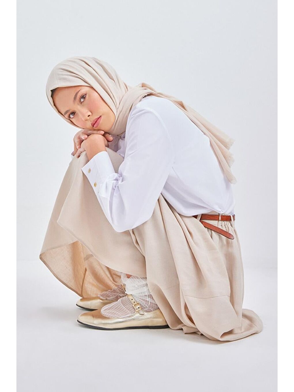 Bej Keten Kloş Etek