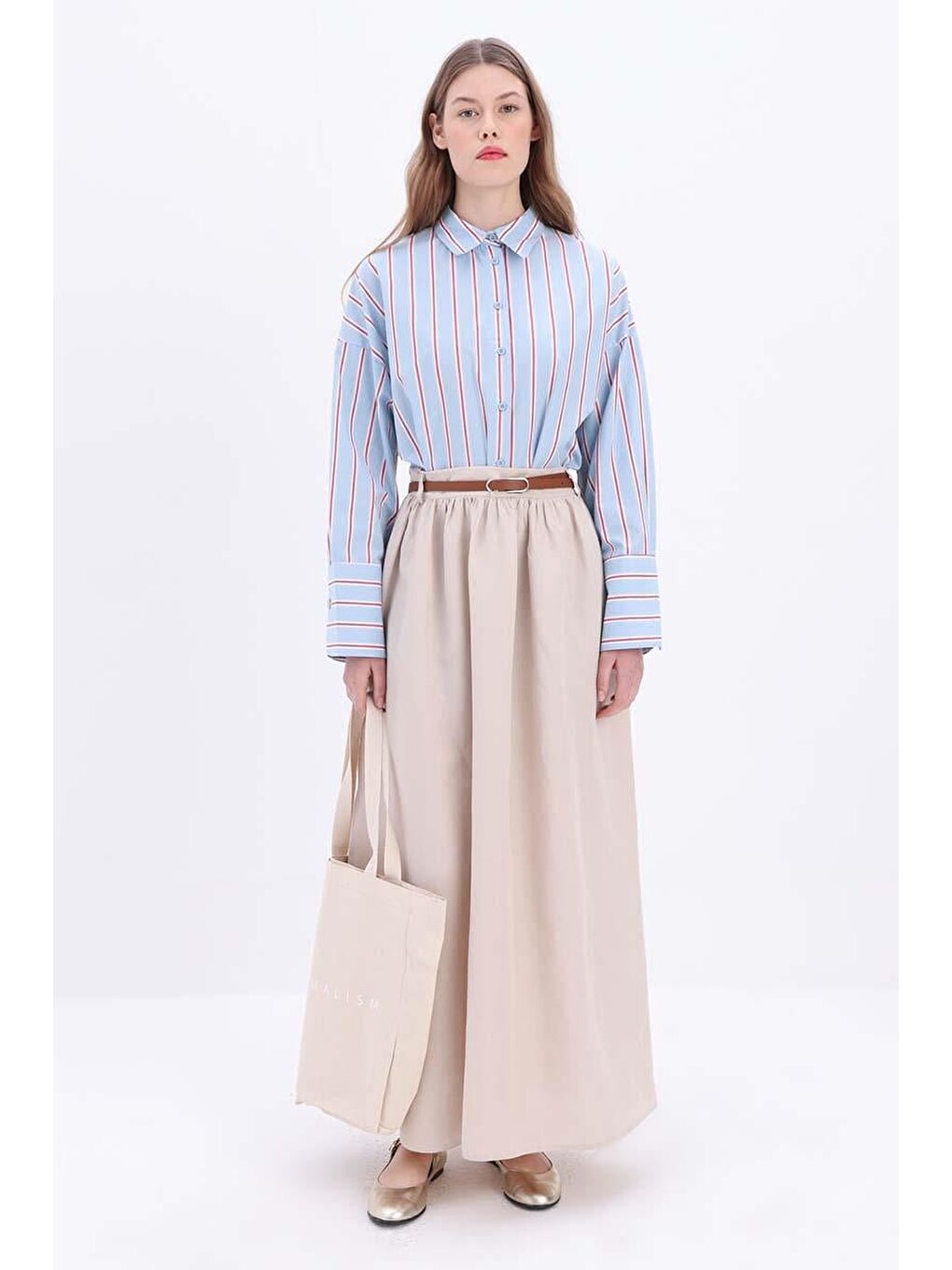 Bej Keten Kloş Etek-2