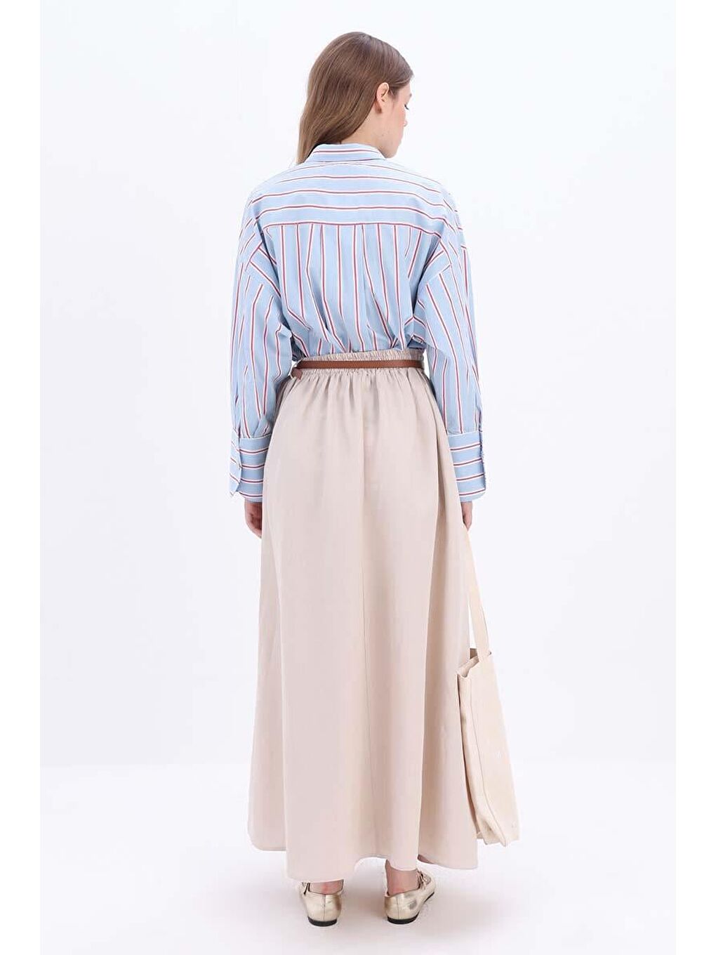 Bej Keten Kloş Etek-4