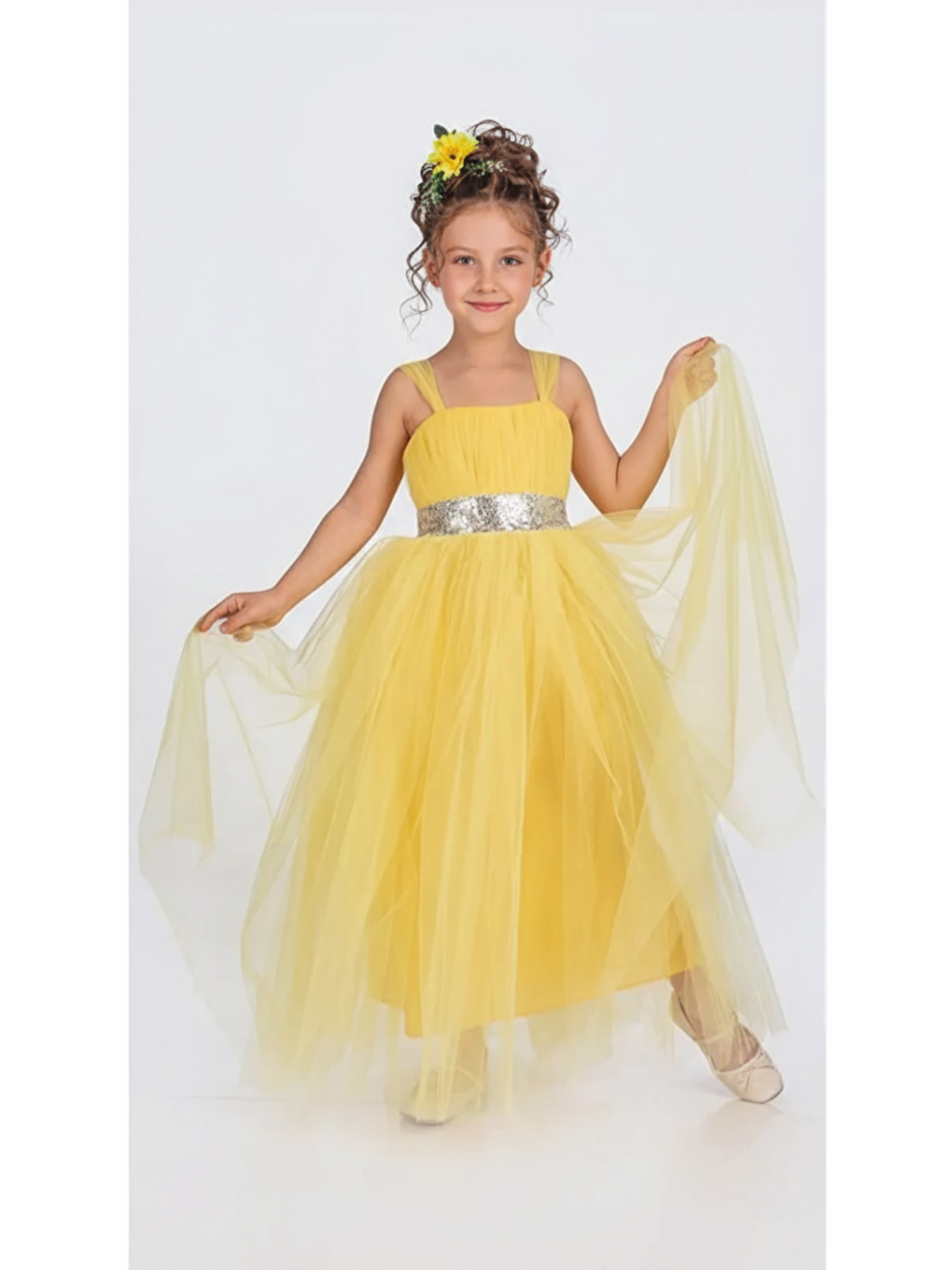 Sarı Sırt Gipeli Tütü Etek Kız Çocuk Saten Parti Abiye Elbise MNK0340-1