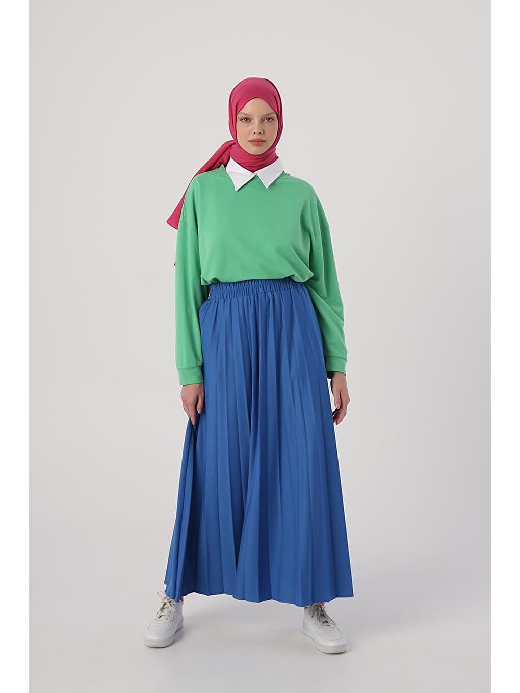 Mavi Saks Beli Lastikli Örme Plise Etek-1