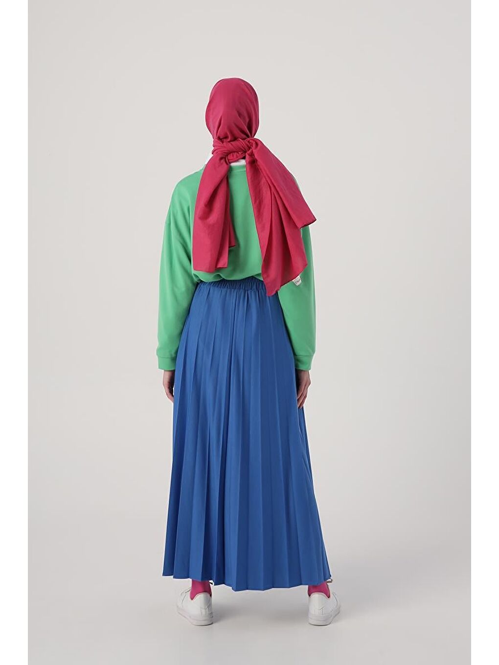 Mavi Saks Beli Lastikli Örme Plise Etek-3