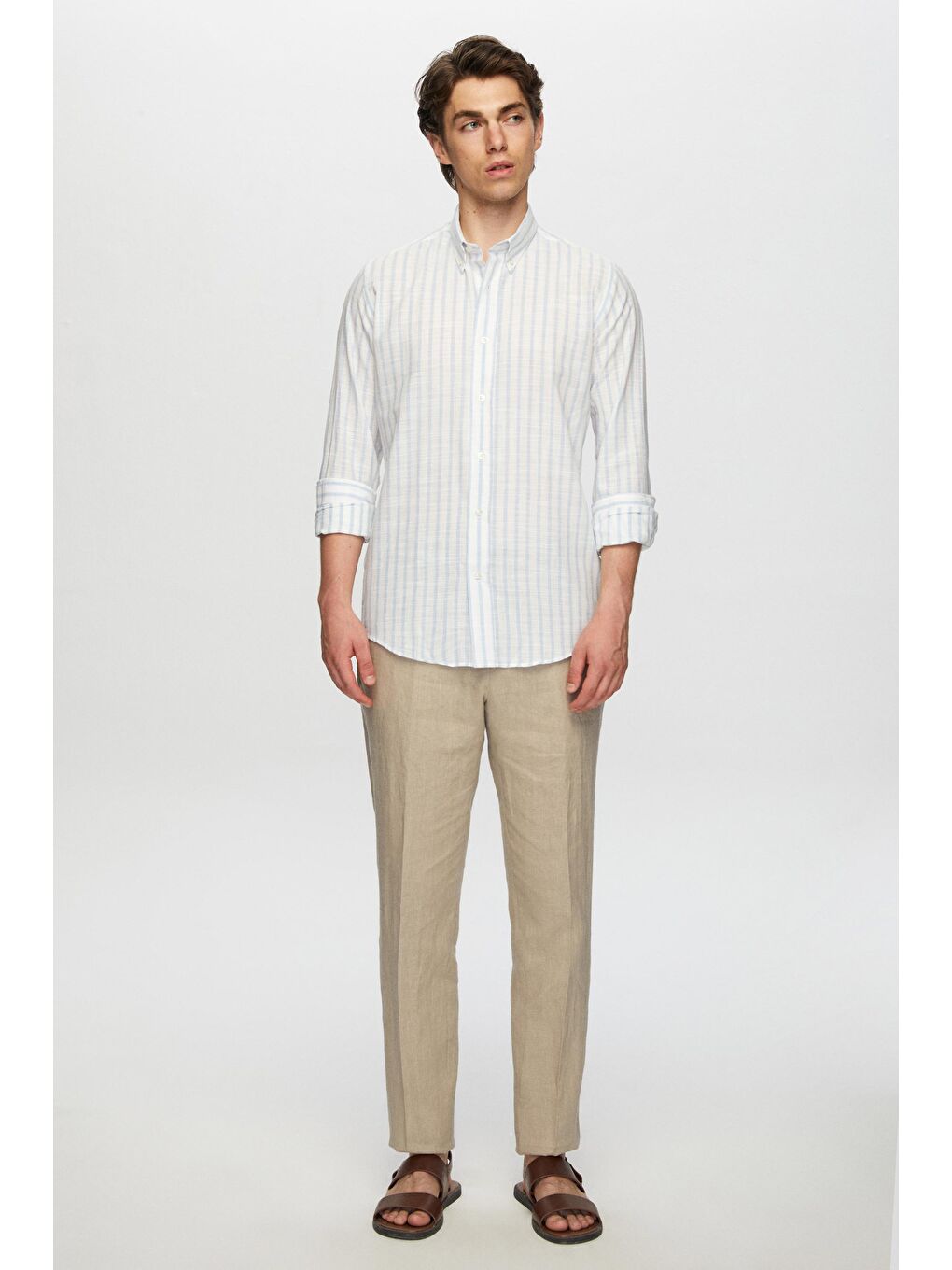 Slim Fit Açık Mavi Çizgili Düğmeli Yaka %100 Pamuk Flamlı Yazlık Keten Görünümlü Gömlek-4