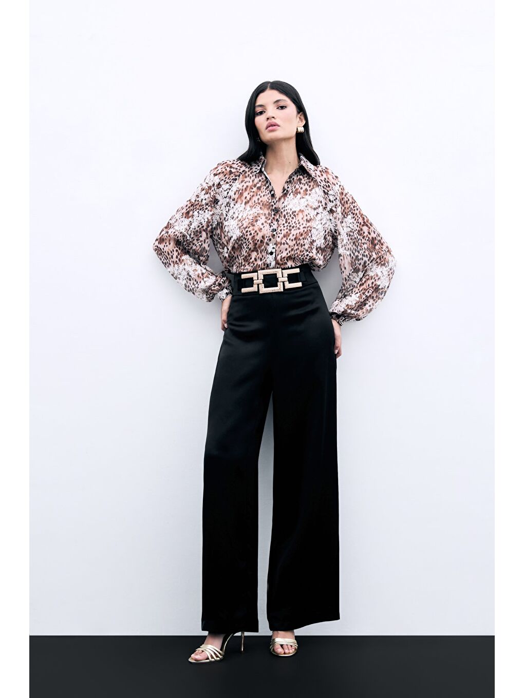 Bel Kemerli Saten Krep Pantolon - Siyah-1