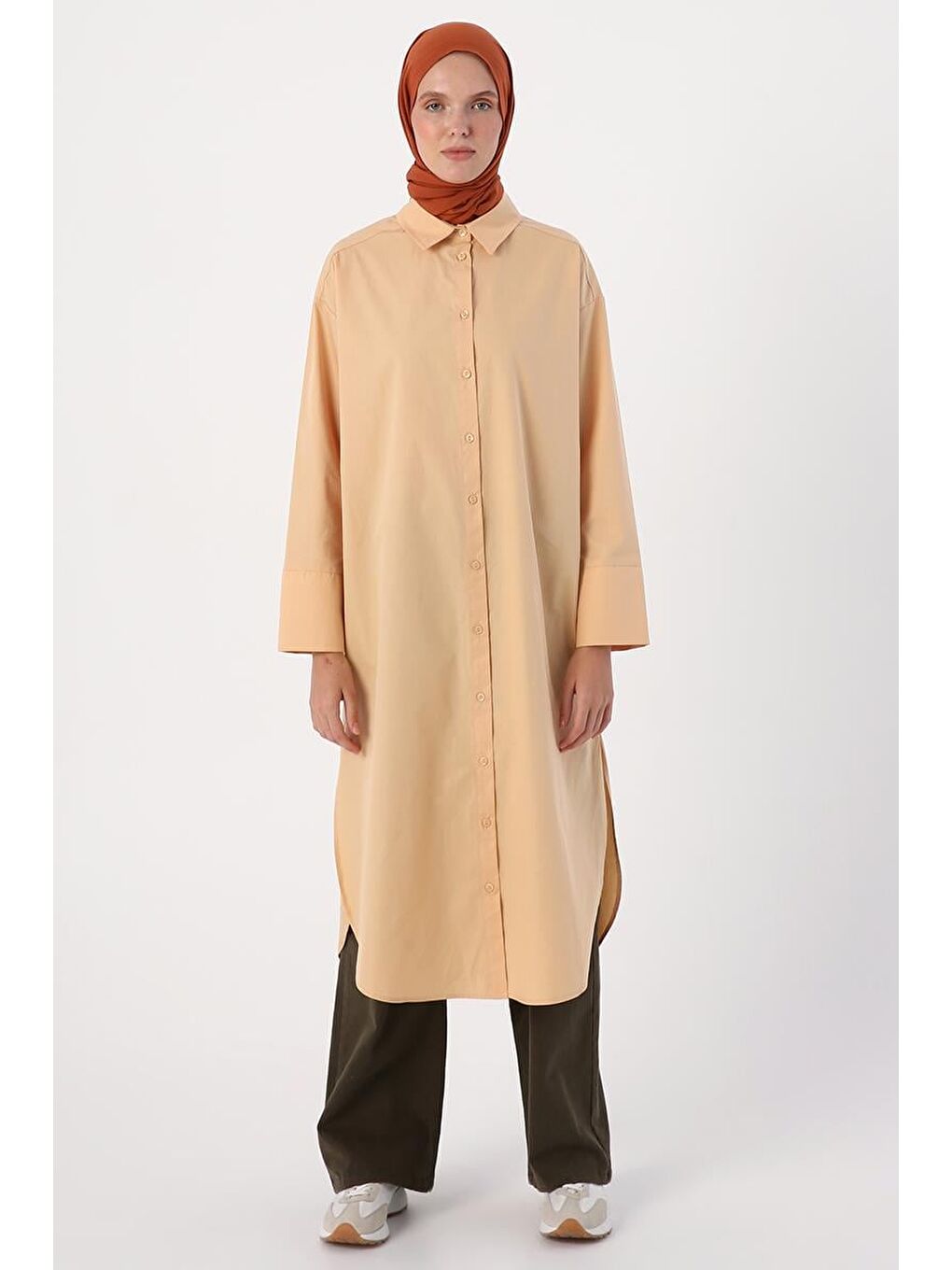 Bej %100 Pamuk Yırtmaçlı Uzun Gömlek Tunik-1