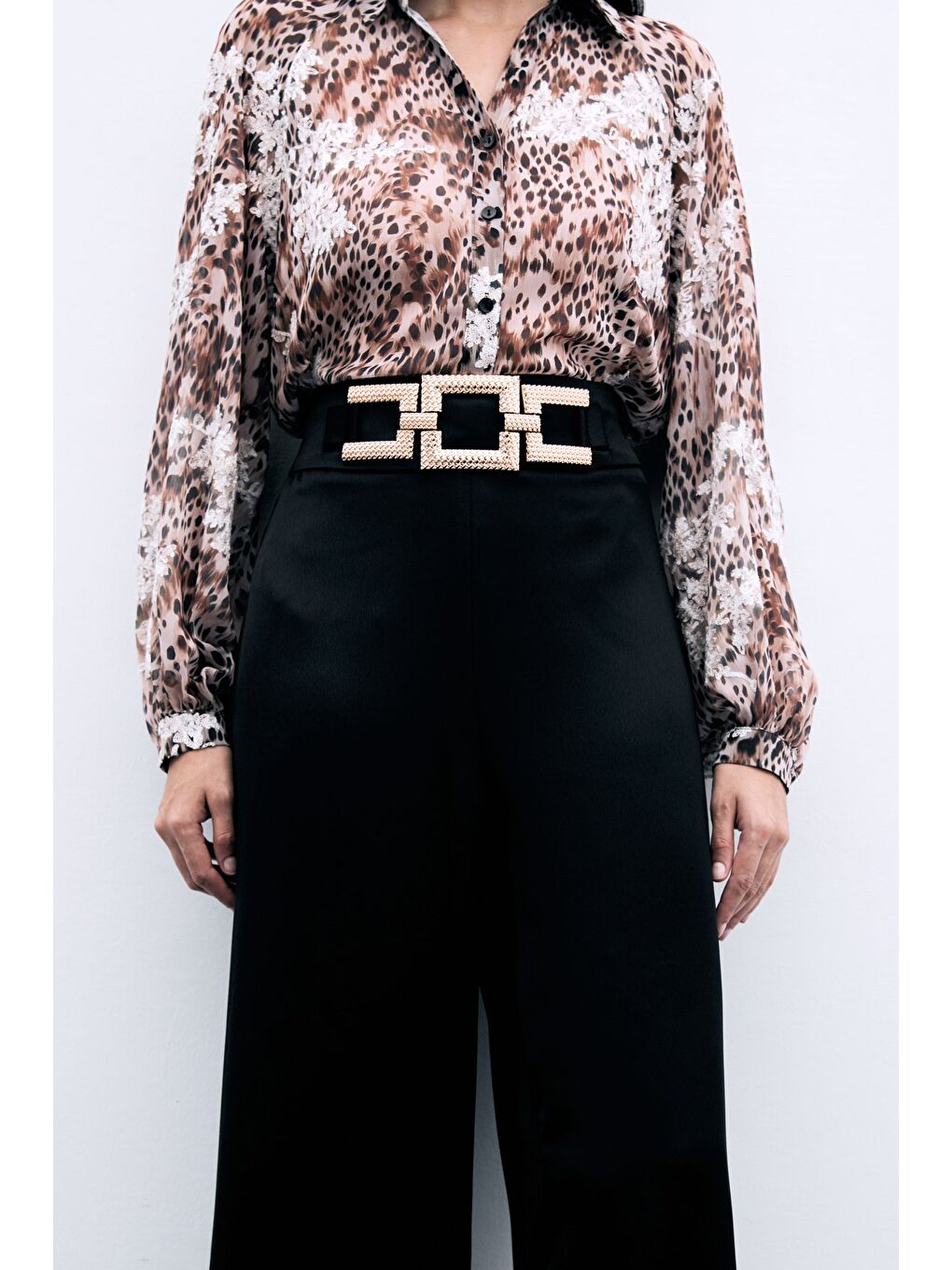 Bel Kemerli Saten Krep Pantolon - Siyah-2