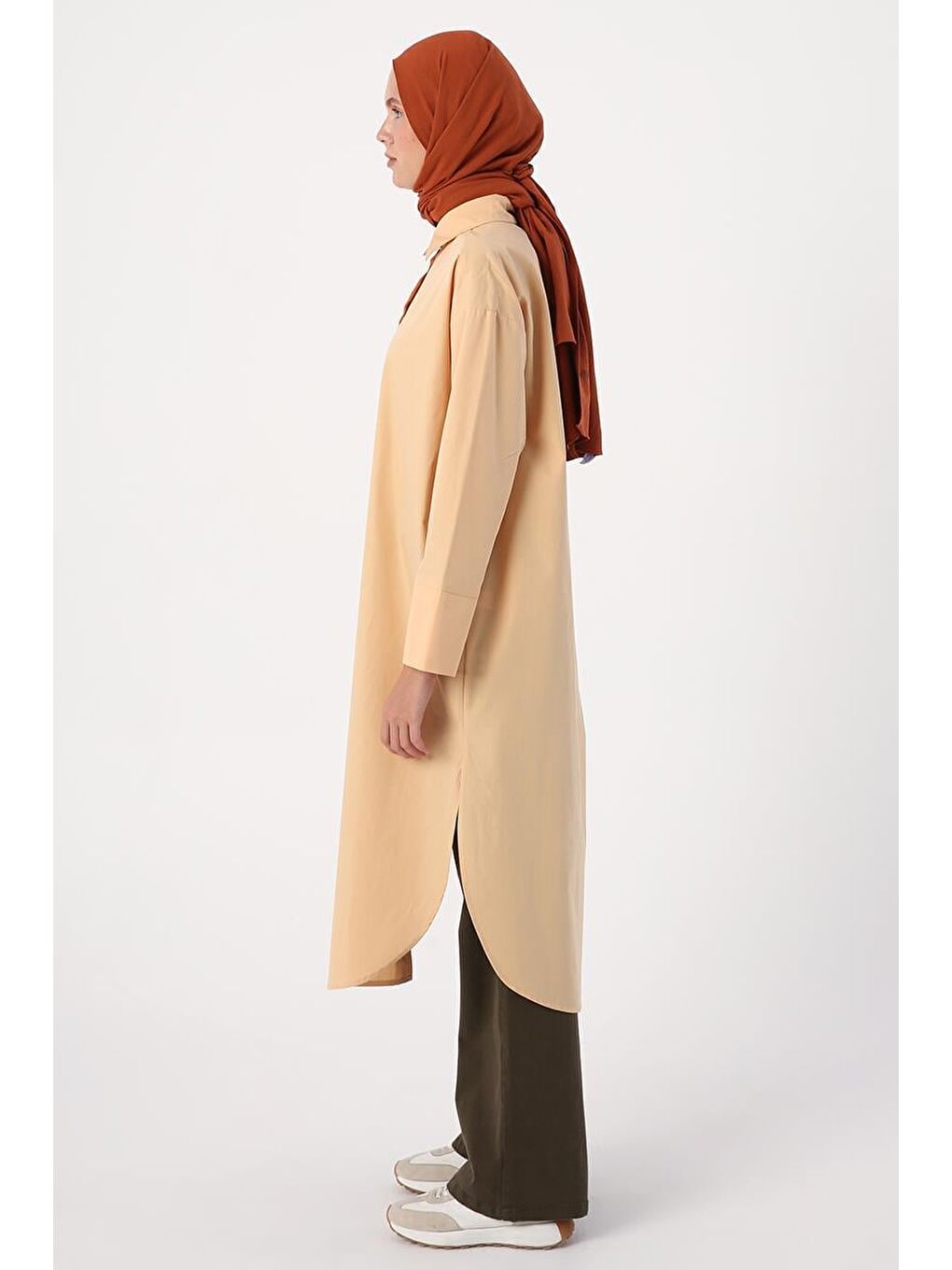 Bej %100 Pamuk Yırtmaçlı Uzun Gömlek Tunik-2