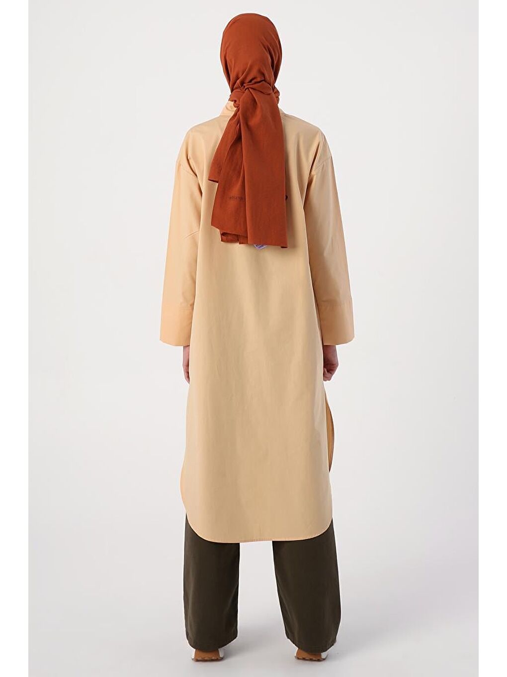 Bej %100 Pamuk Yırtmaçlı Uzun Gömlek Tunik-3