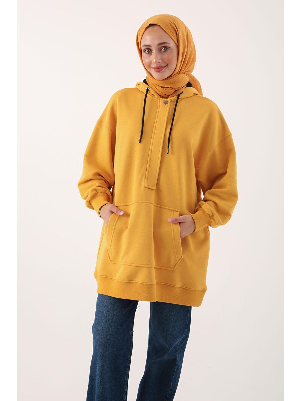 ALLDAY Hardal Sarı Hardal Oversize Kapüşonlu Kanguru Cepli Sweat Tunik - 3