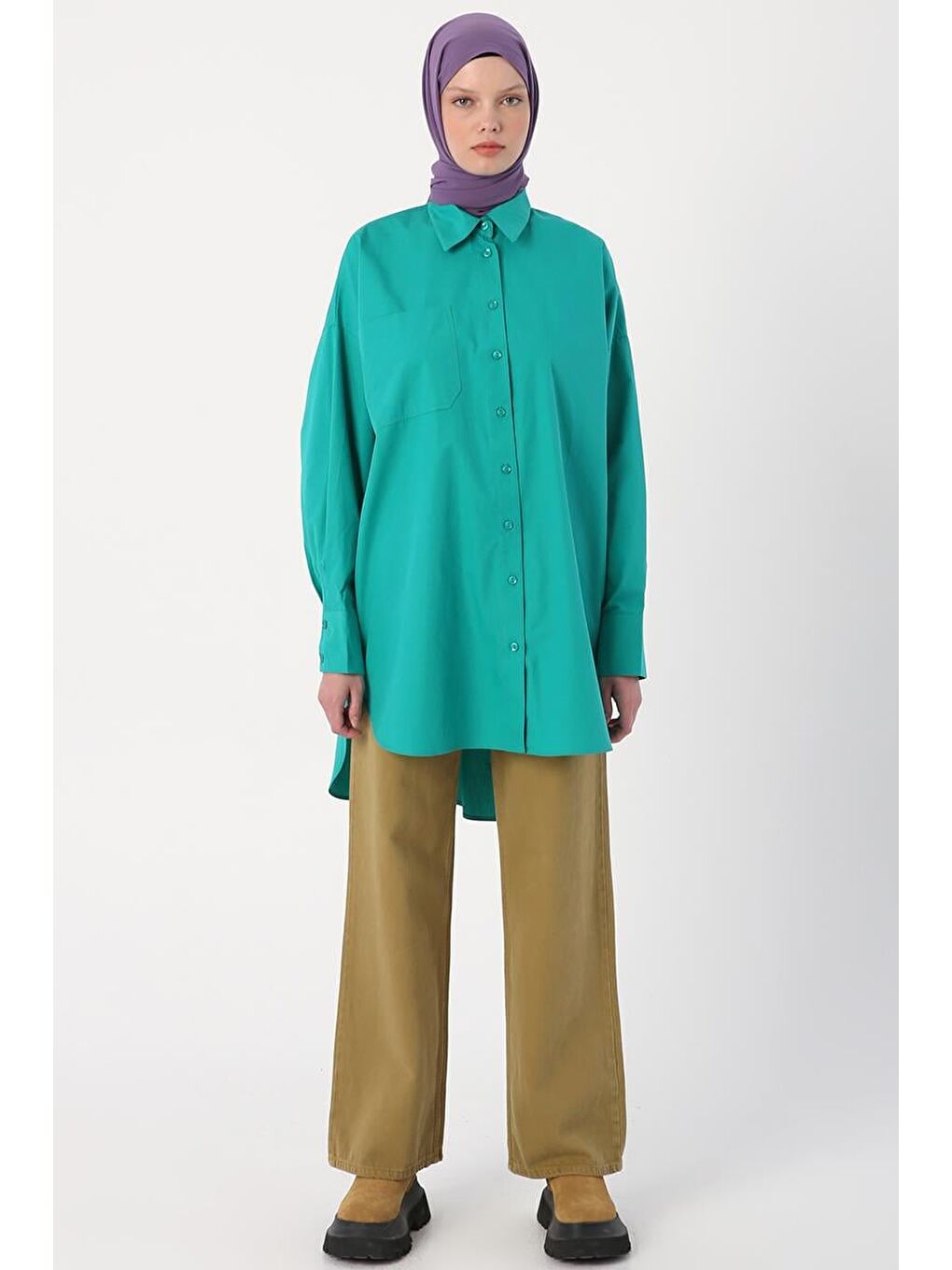 Yeşil %100 Pamuk Oversize Cepli Gömlek Tunik-1