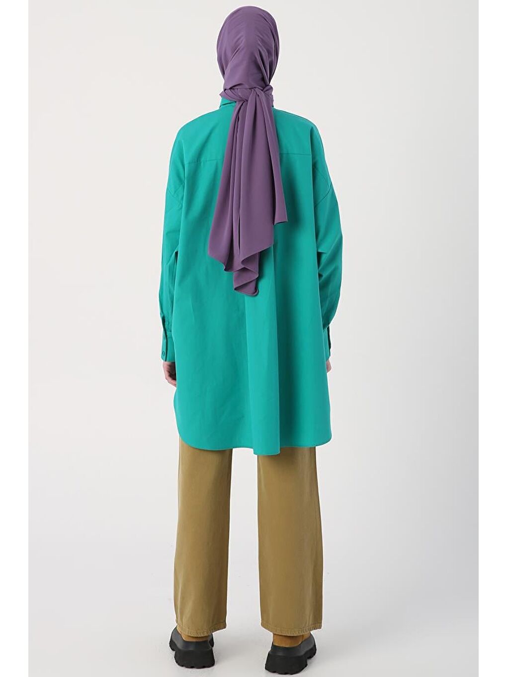 Yeşil %100 Pamuk Oversize Cepli Gömlek Tunik-3