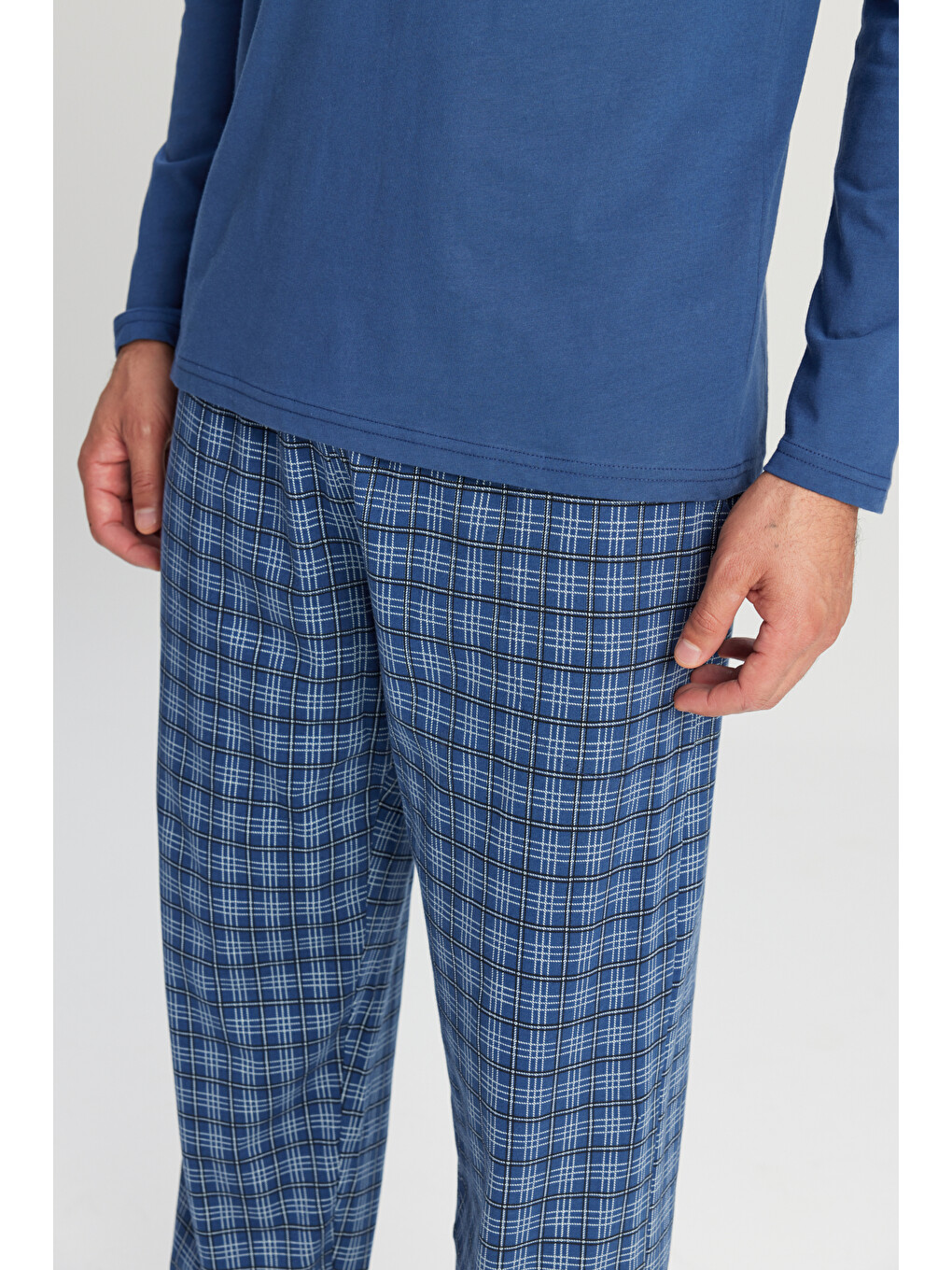 Erkek İndigo %100 Pamuk Standart Fit Hakim Yaka Desenli Cepli Pijama Takımı-3