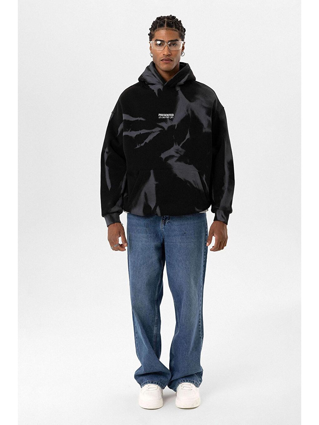 Renk Detaylı Kapüşonlu Oversize Erkek Hoodie Siyah