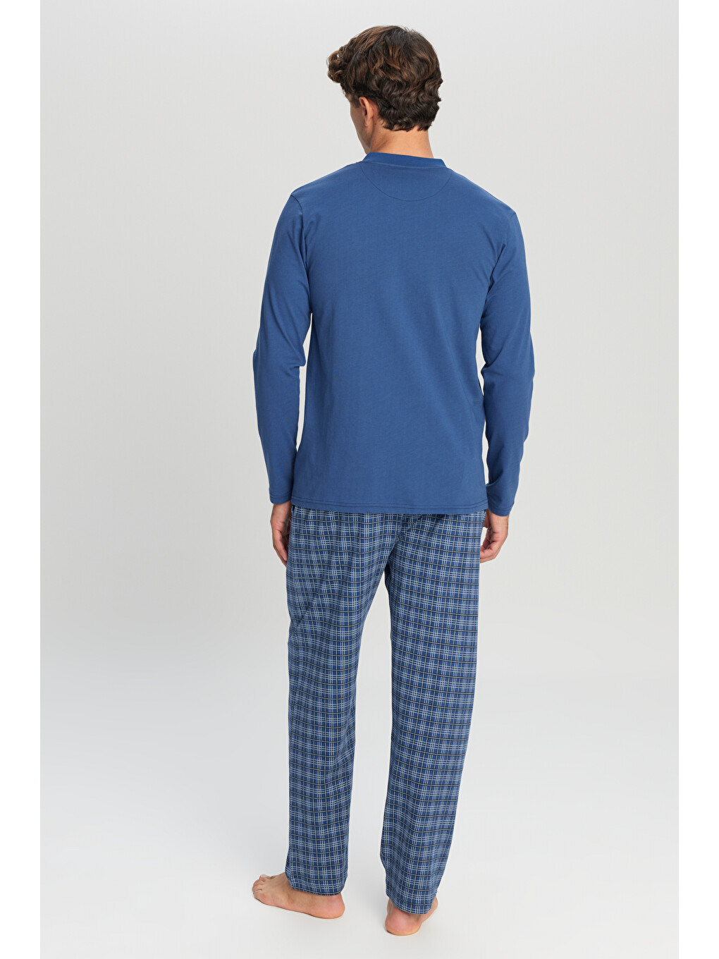 Erkek İndigo %100 Pamuk Standart Fit Hakim Yaka Desenli Cepli Pijama Takımı-4