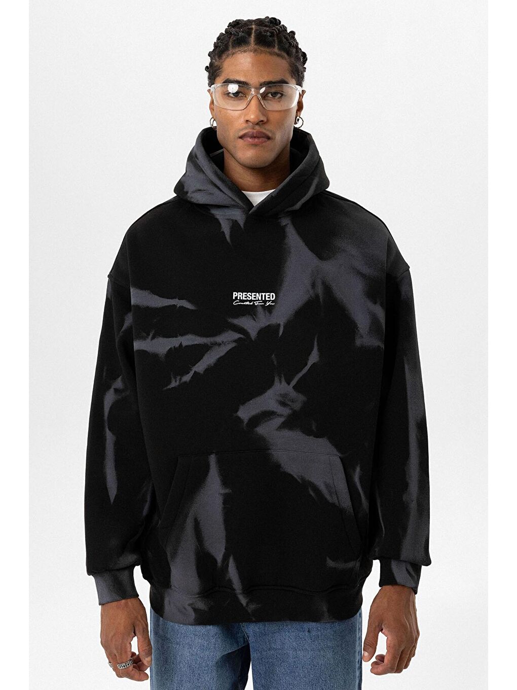 Renk Detaylı Kapüşonlu Oversize Erkek Hoodie Siyah-2
