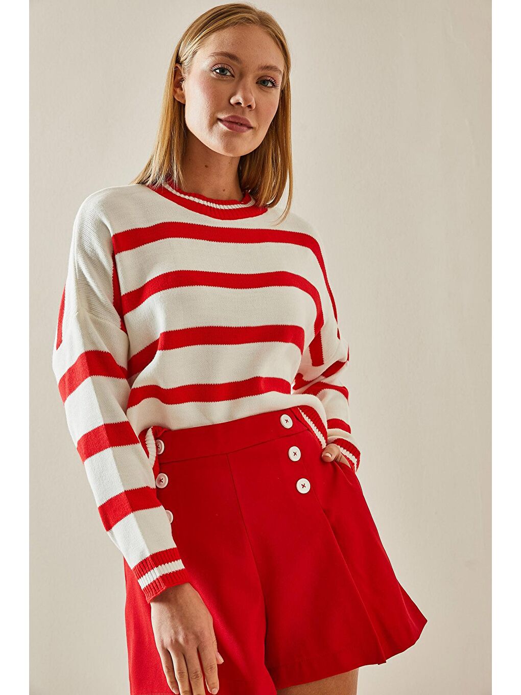 Kırmızı Bisiklet Yaka Çizgili Crop Kazak 4KXK3-47589-04-1