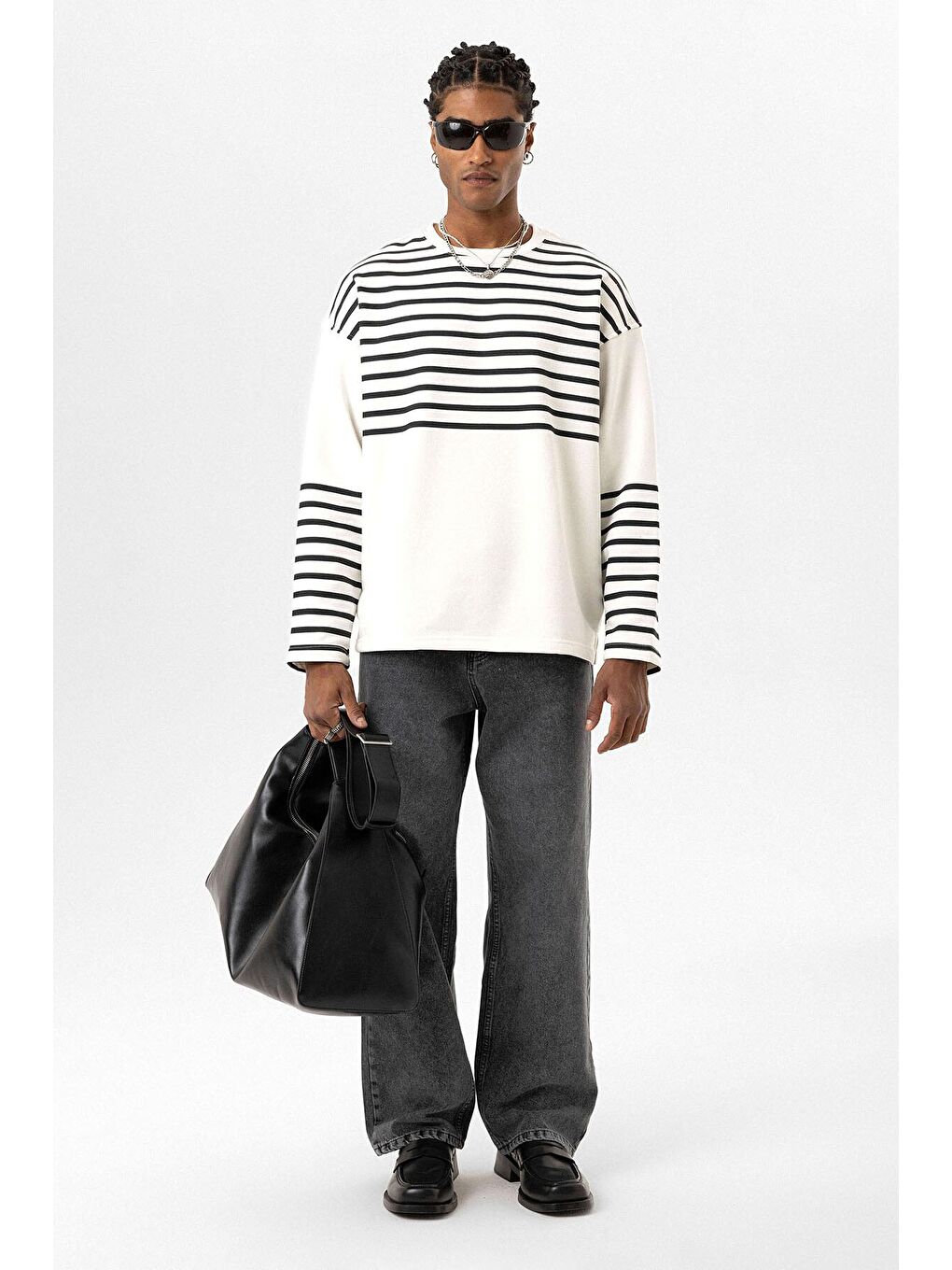 Çizgili Şerit Detaylı Oversize Sweatshirt Ekru