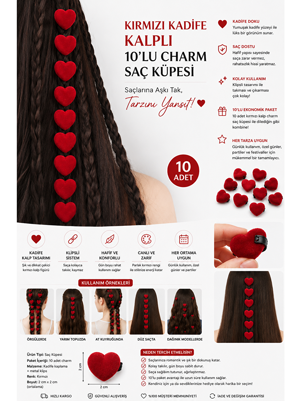 Kırmızı Kadife Kalpli 10'Lu Charm Saç Küpesi-1