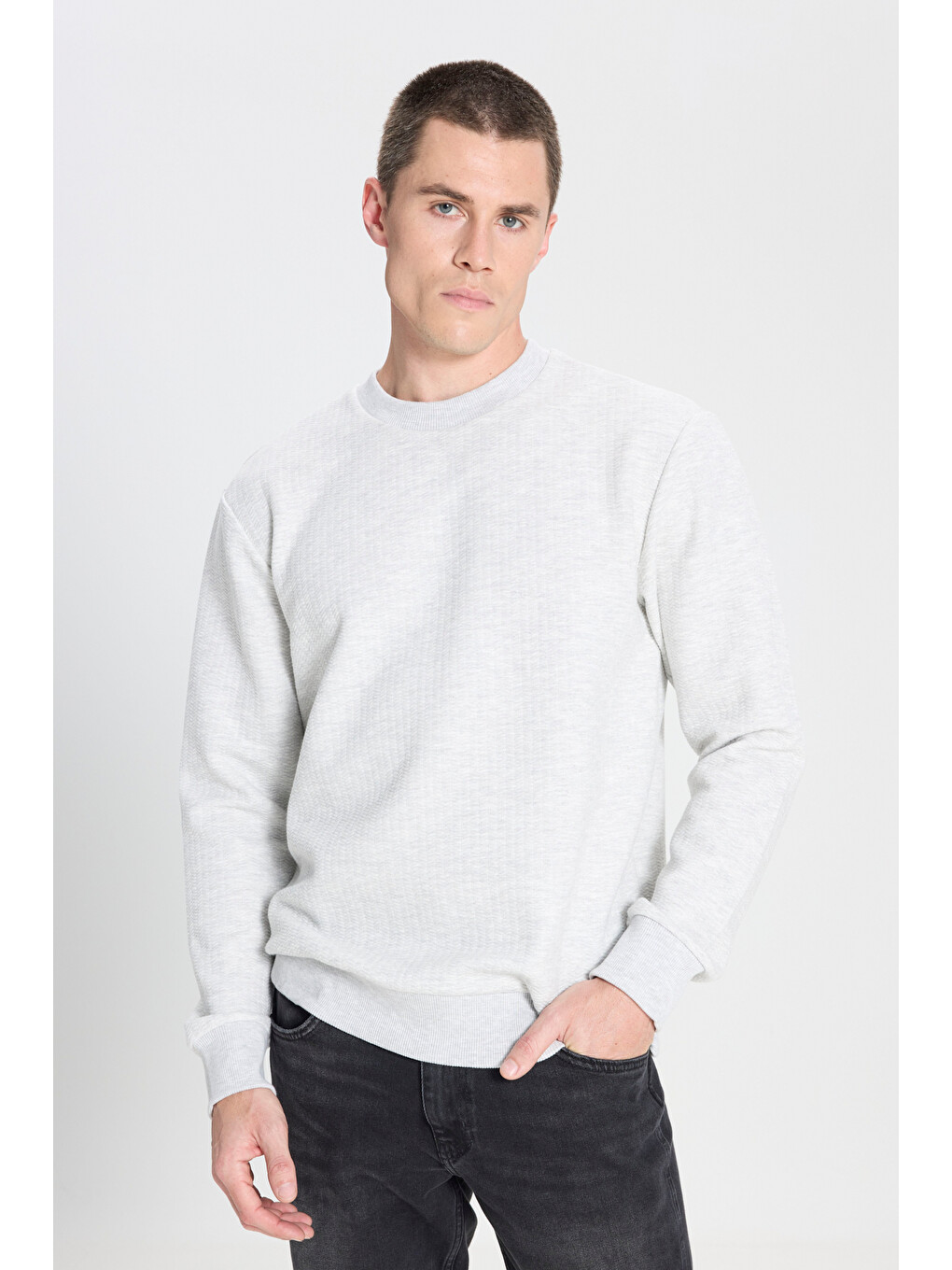 Regular Fit Bisiklet Yaka Gri Melanj Sweatshirt-1