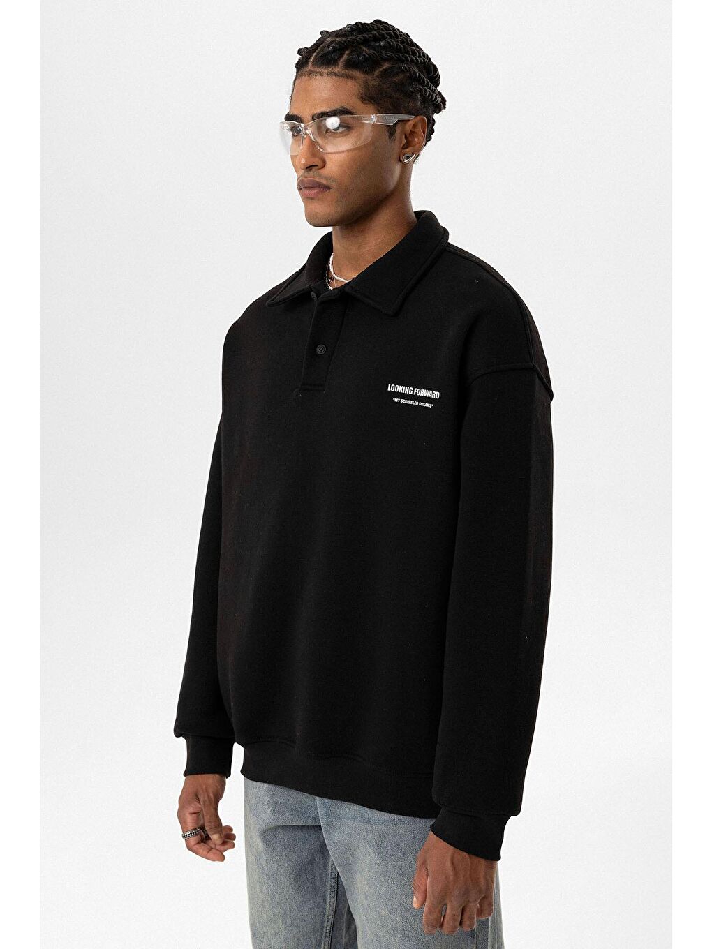 Siyah Polo Yaka Baskılı Oversize Erkek Sweatshirt-3