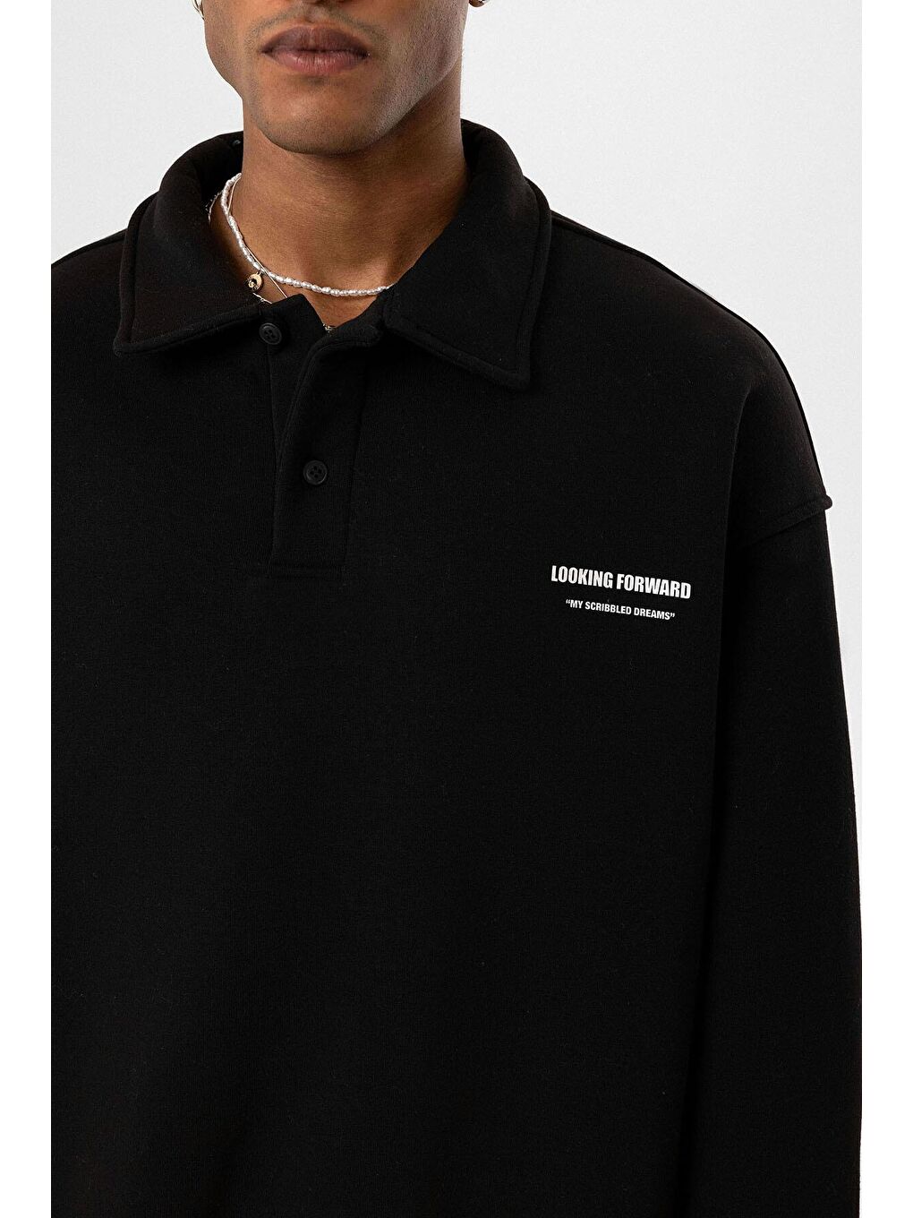 Siyah Polo Yaka Baskılı Oversize Erkek Sweatshirt-4