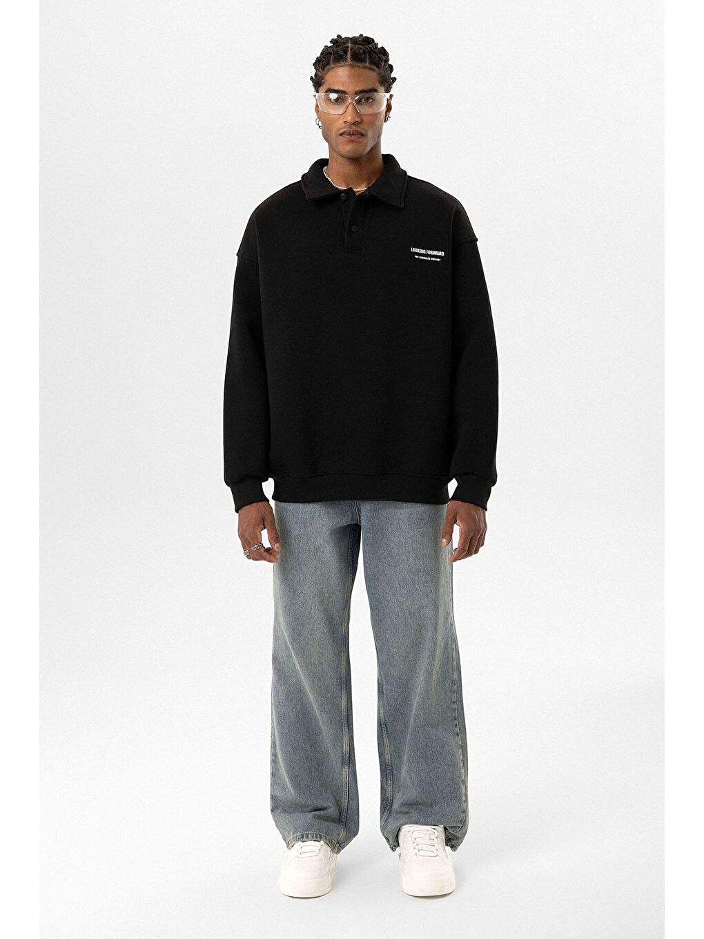 Siyah Polo Yaka Baskılı Oversize Erkek Sweatshirt-5