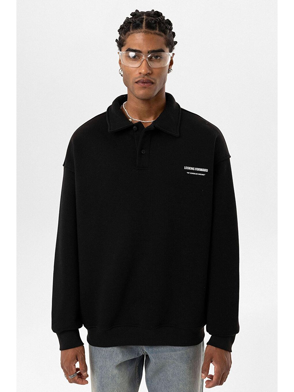 Siyah Polo Yaka Baskılı Oversize Erkek Sweatshirt-7