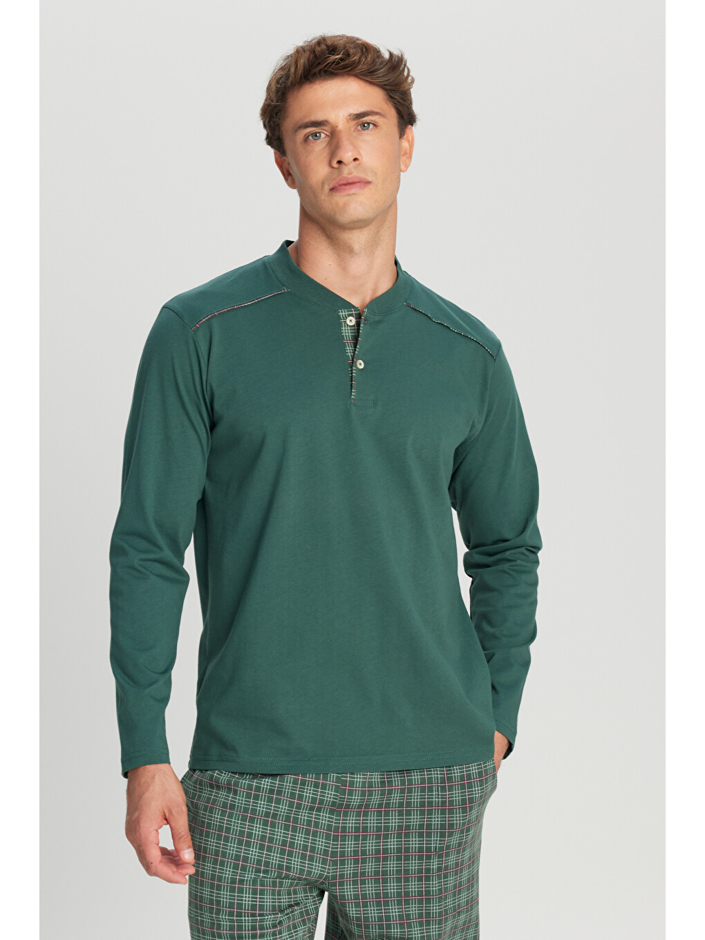 %100 Pamuk Standart Fit Hakim Yaka Ekose Erkek Pijama Takımı-1