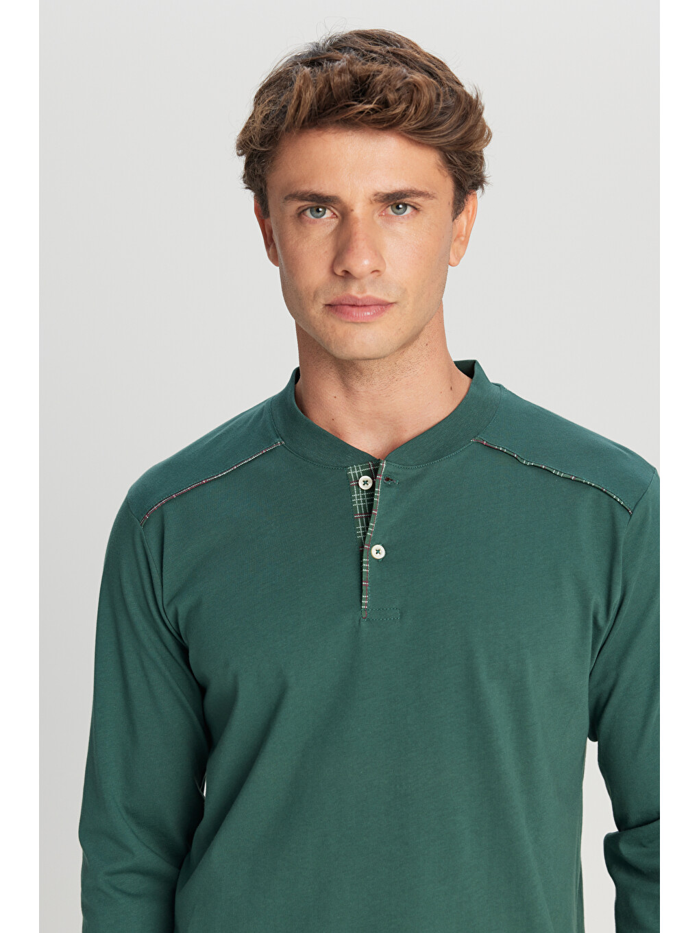 %100 Pamuk Standart Fit Hakim Yaka Ekose Erkek Pijama Takımı-2