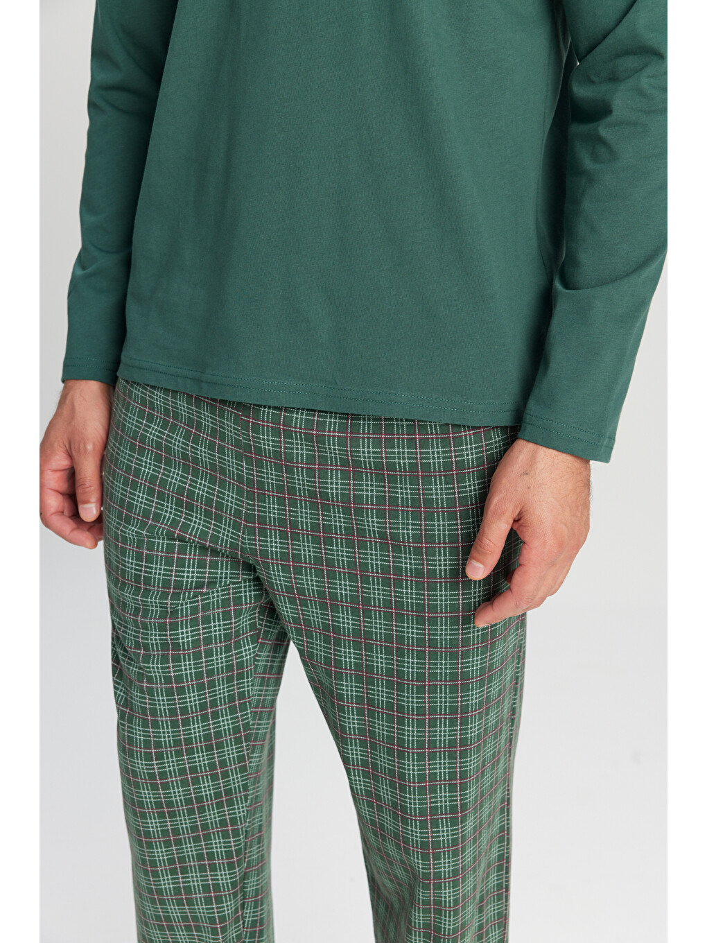 %100 Pamuk Standart Fit Hakim Yaka Ekose Erkek Pijama Takımı-3
