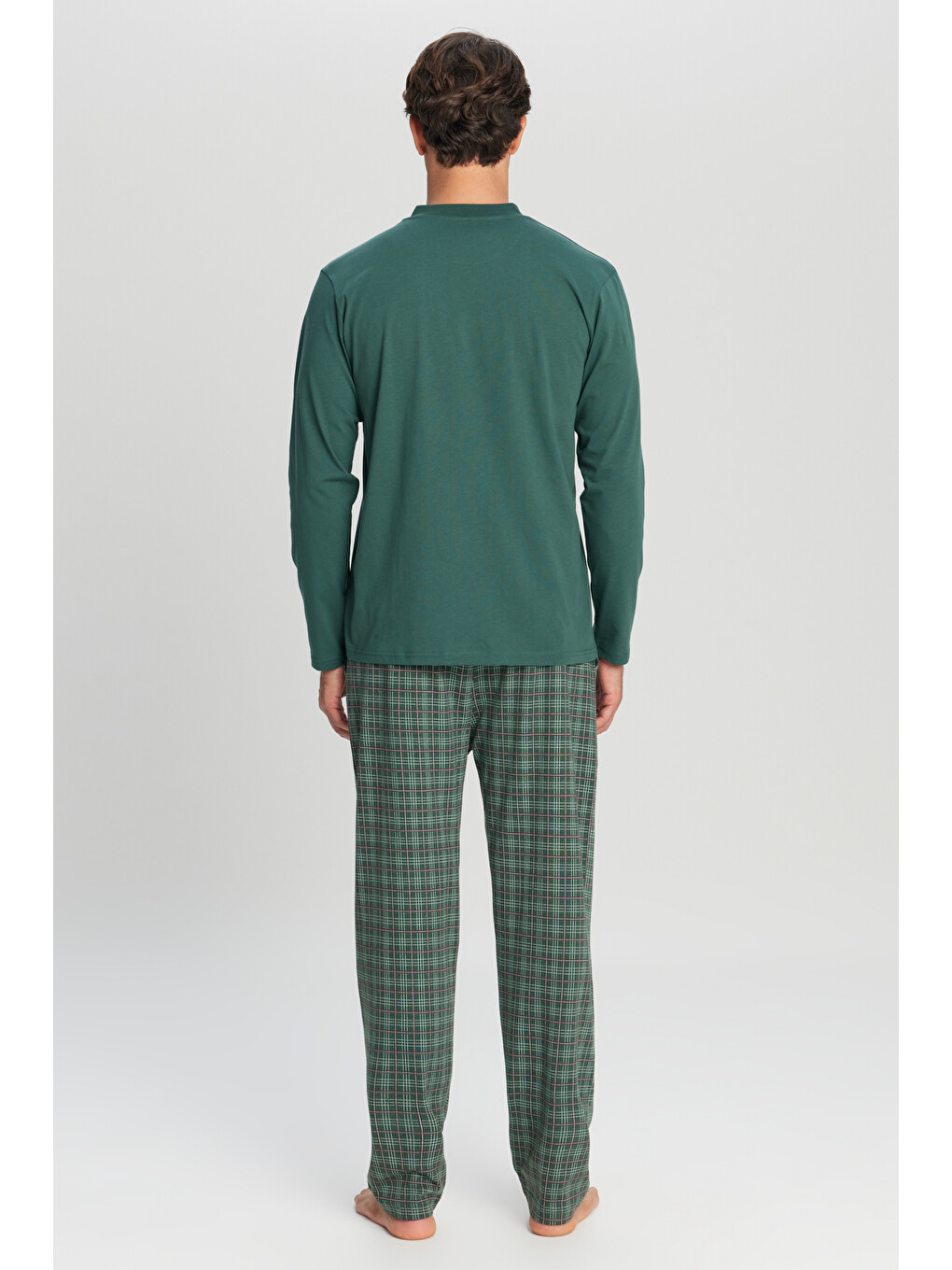 %100 Pamuk Standart Fit Hakim Yaka Ekose Erkek Pijama Takımı-4