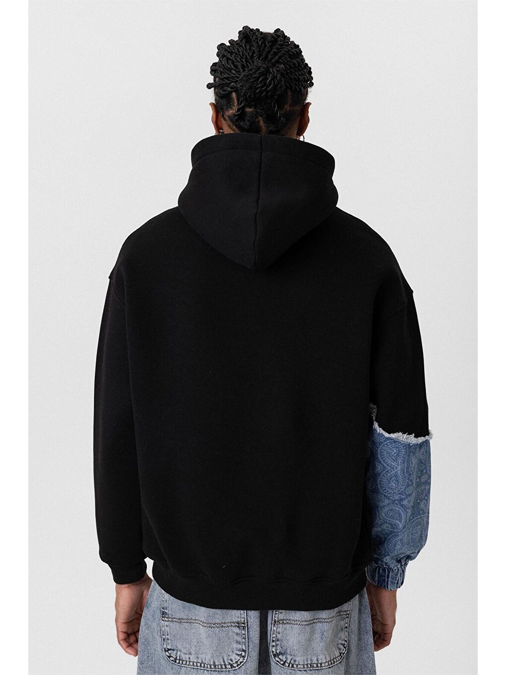 Kapüşonlu Kol Detaylı Oversıze Erkek Hoodie Siyah-3