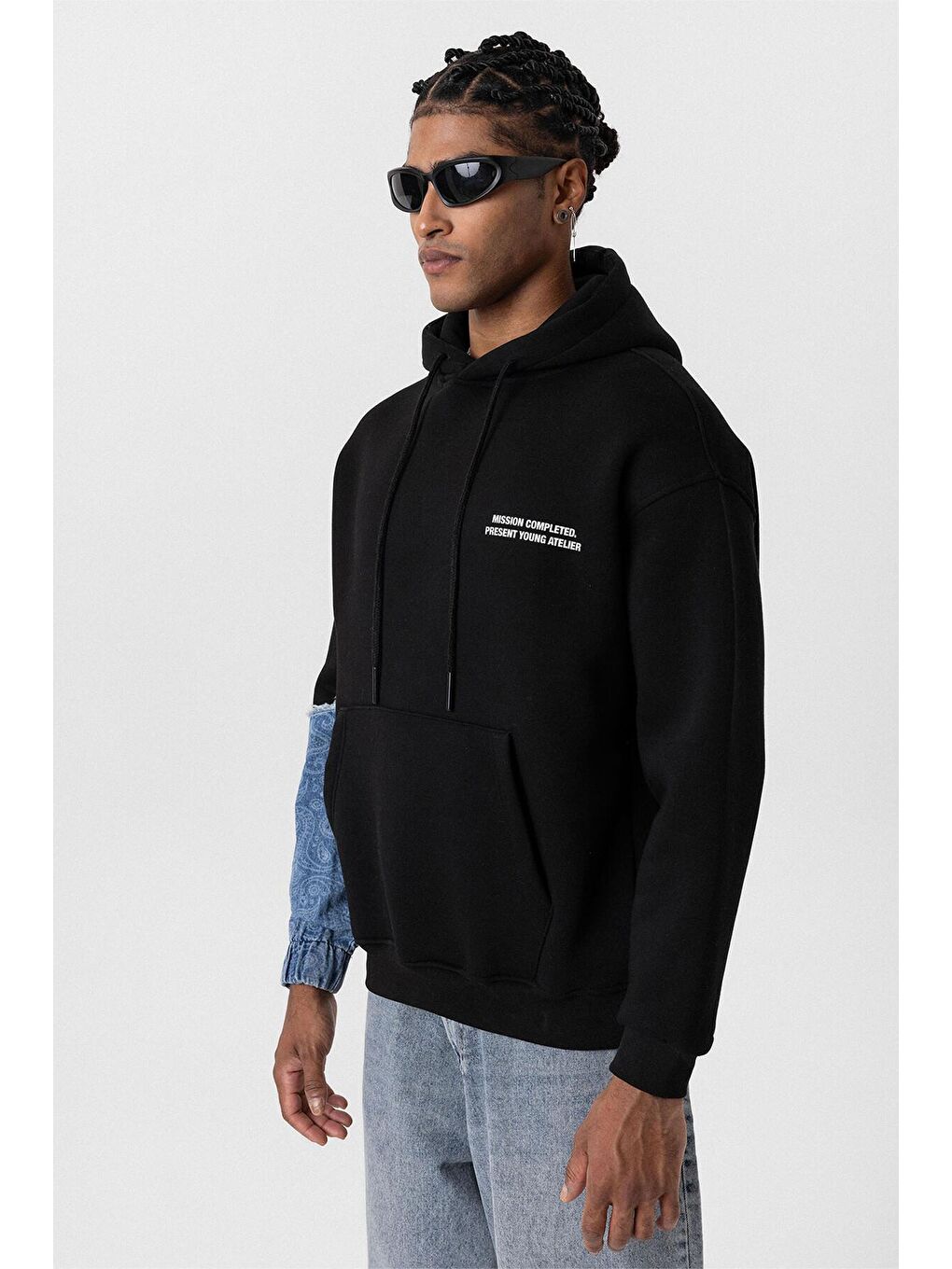 Kapüşonlu Kol Detaylı Oversıze Erkek Hoodie Siyah-4