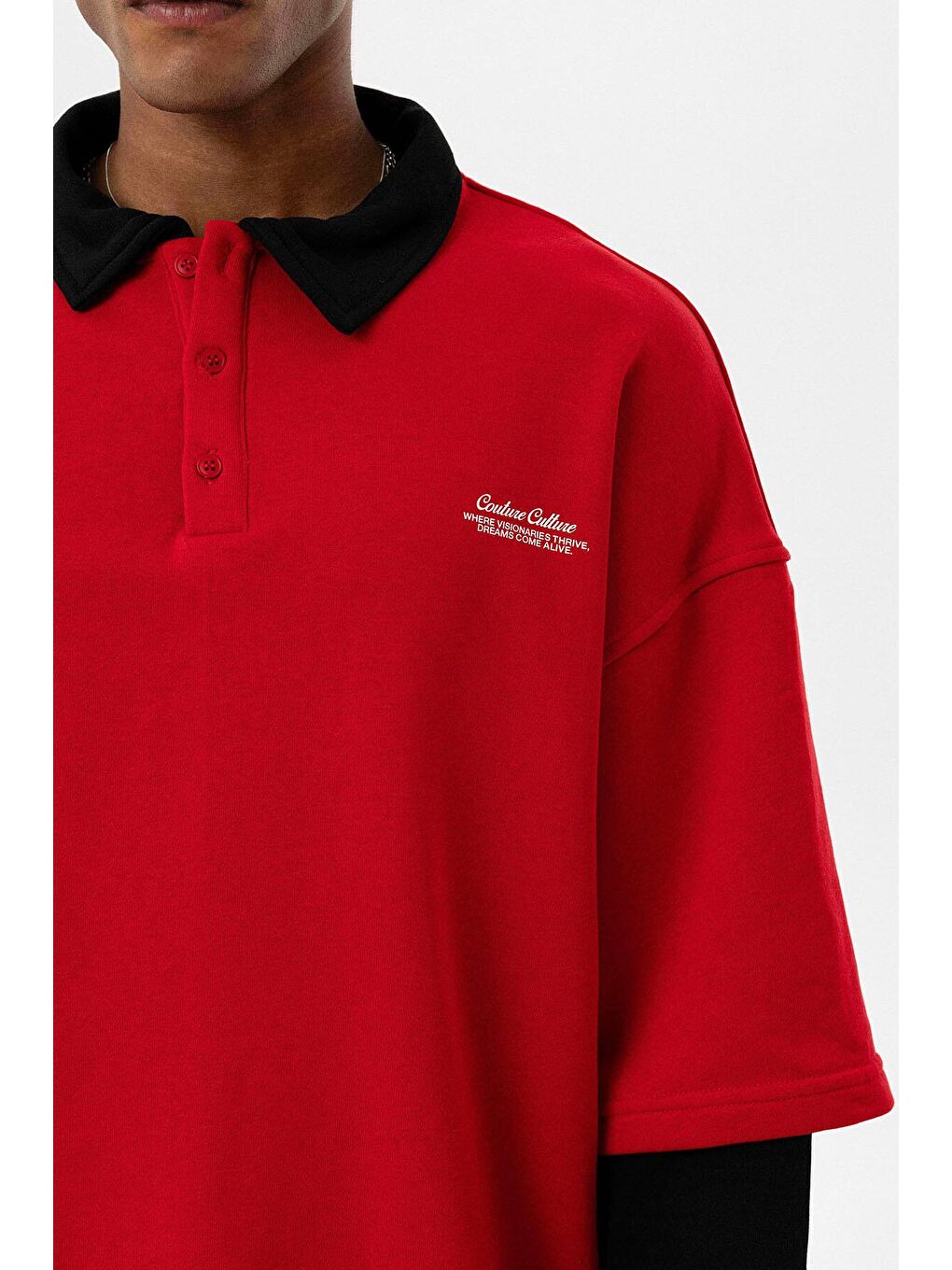 Polo Yaka Çift Kol Detaylı Oversize Sweatsıhrt Kırmızı-3