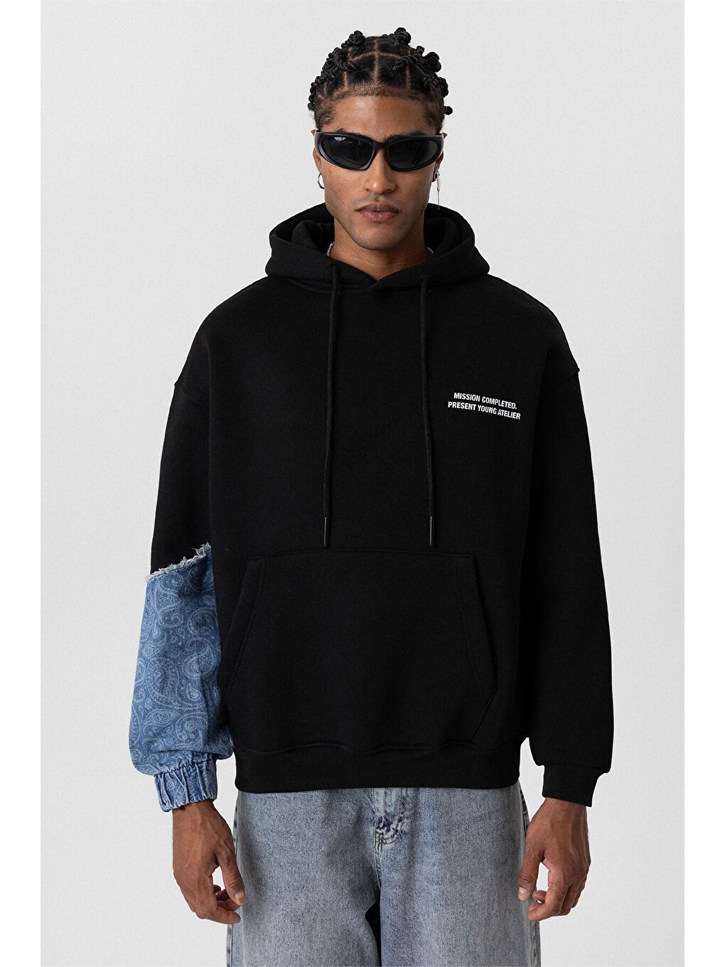 Kapüşonlu Kol Detaylı Oversıze Erkek Hoodie Siyah-5